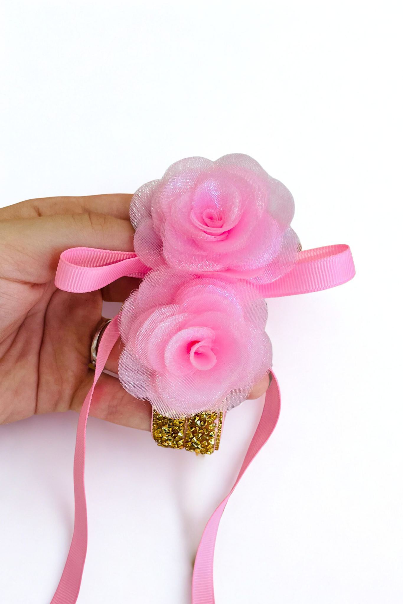 Laço Coque Rosa/Dourado