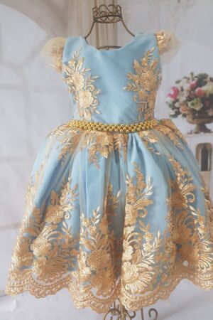 Vestido Azum com Renda Dourada