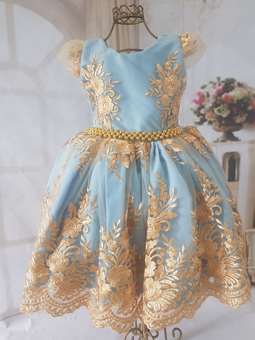 Vestido Azum com Renda Dourada