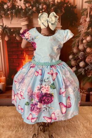Vestido Rosas e Borboletas Azul