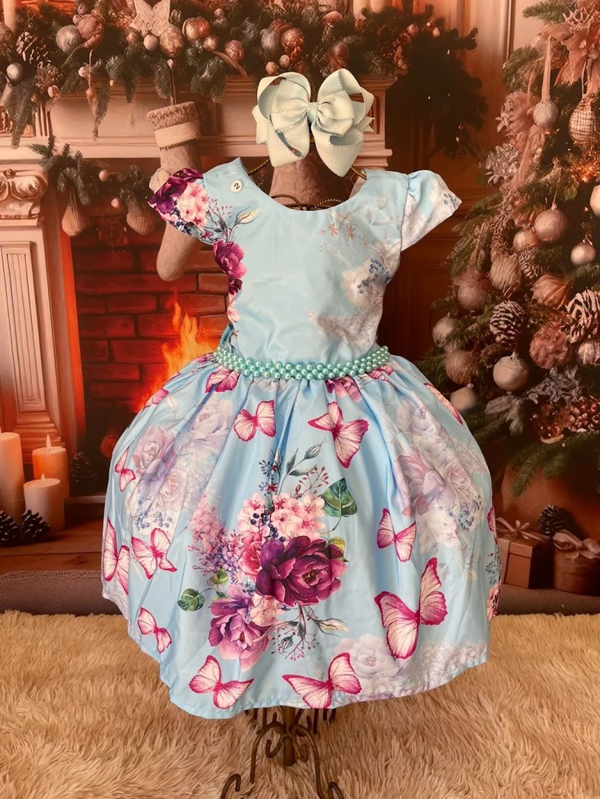Vestido Rosas e Borboletas Azul