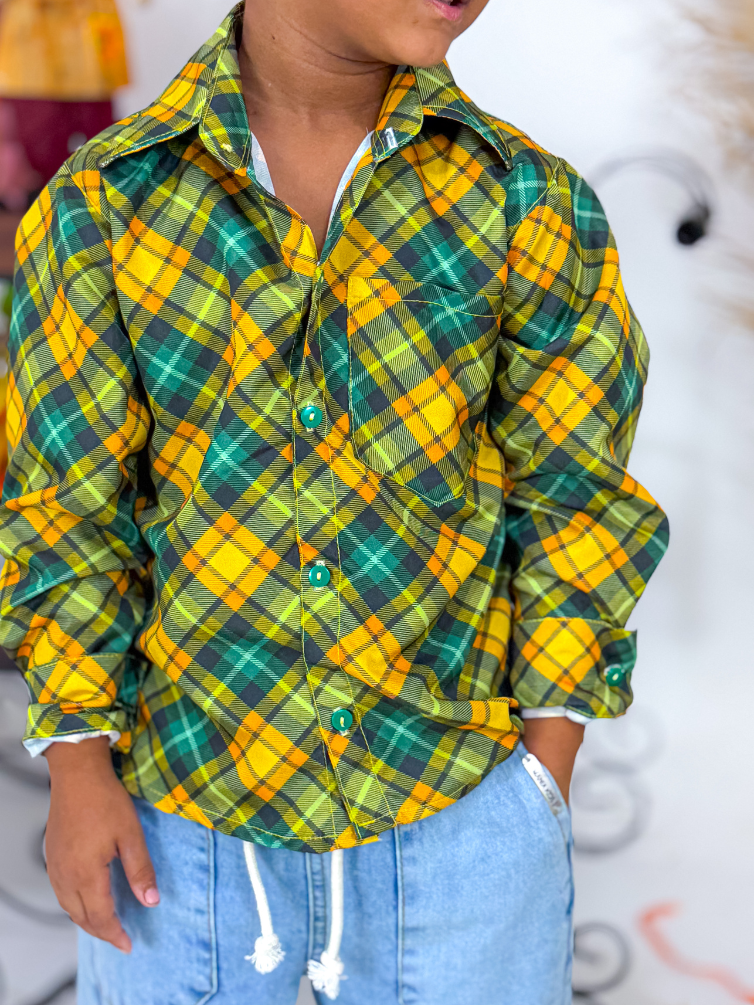 Blusa Manga Longa Xadrez Verde e Amarelo