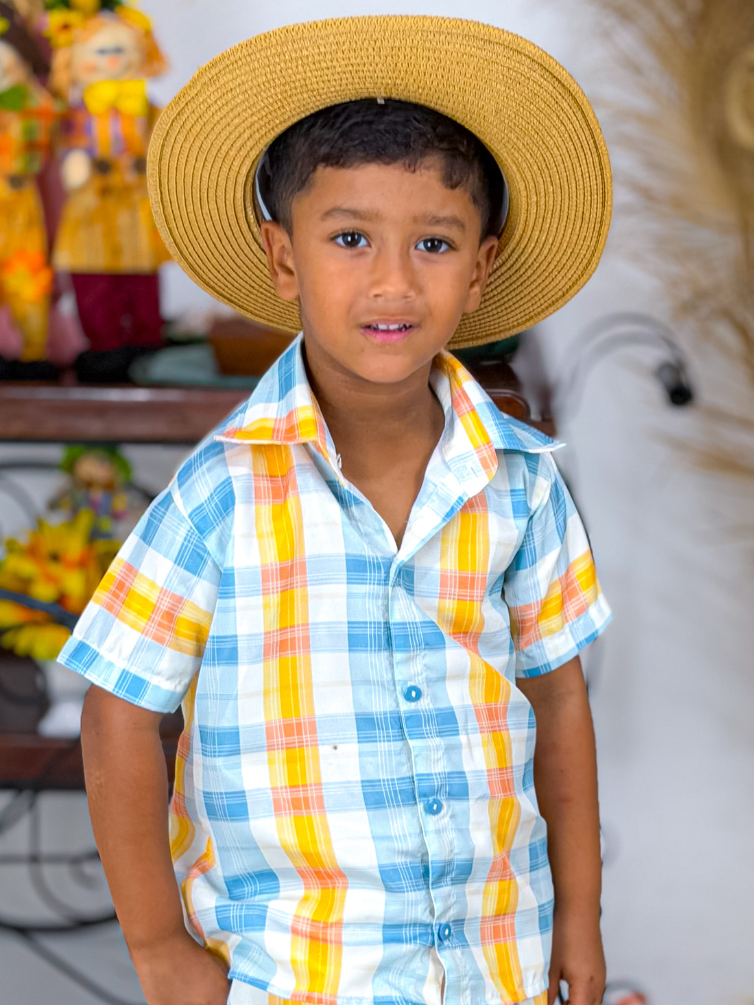 Blusa Manga Curta Xadrez Colorido Azul e Laranja
