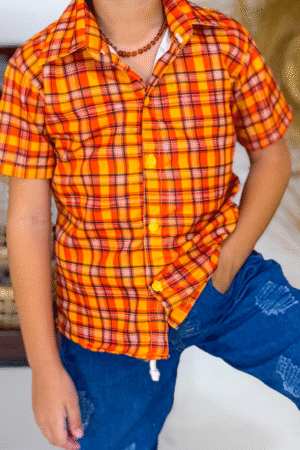 Blusa Manga Curta Xadrez Laranja e Amarelo