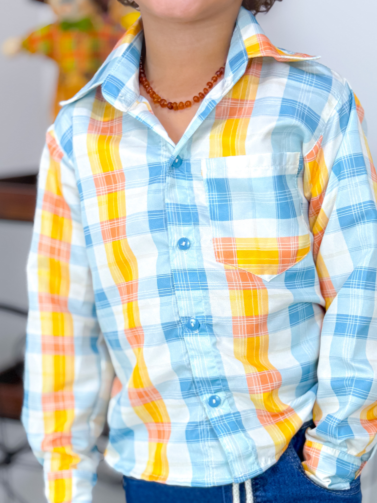 Blusa Manga Longa Xadrez Colorido Azul e Laranja