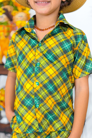 Blusa Manga Curta Xadrez Verde e Amarelo
