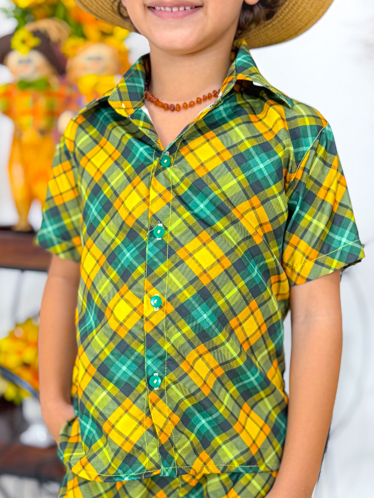 Blusa Manga Curta Xadrez Verde e Amarelo