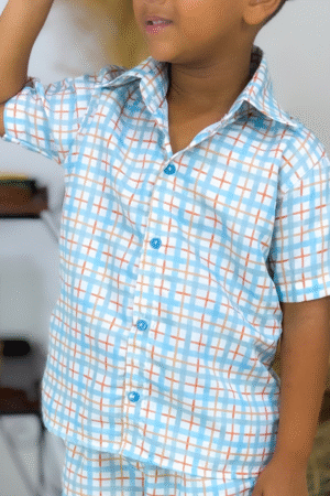 Blusa Manga Curta Xadrez Azul Bebe