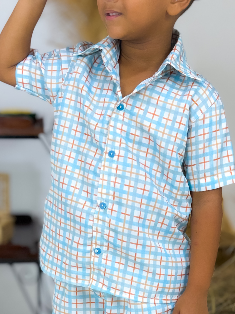 Blusa Manga Curta Xadrez Azul Bebe