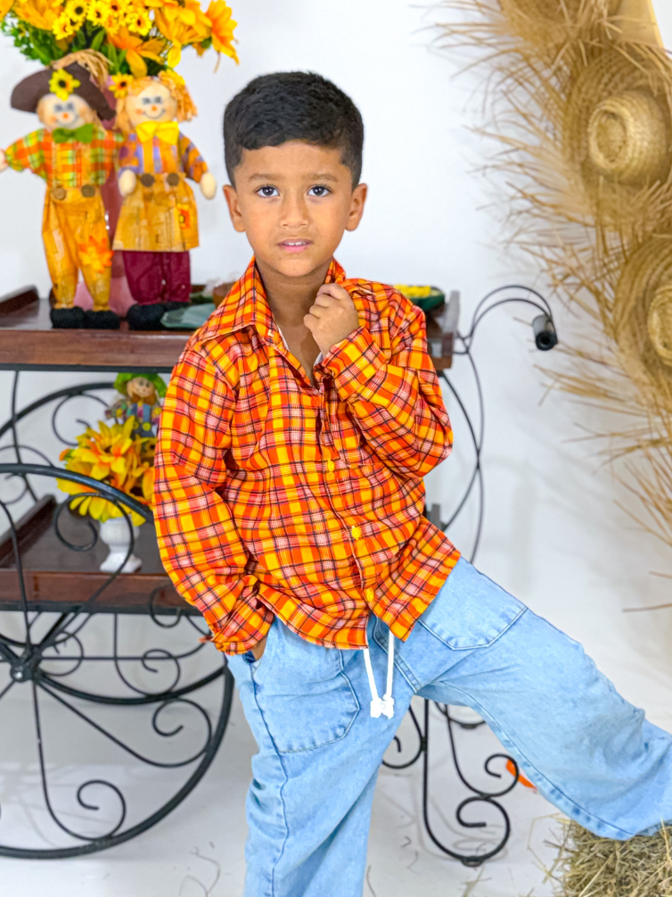 Blusa Manga Longa Xadrez Laranja e Amarelo