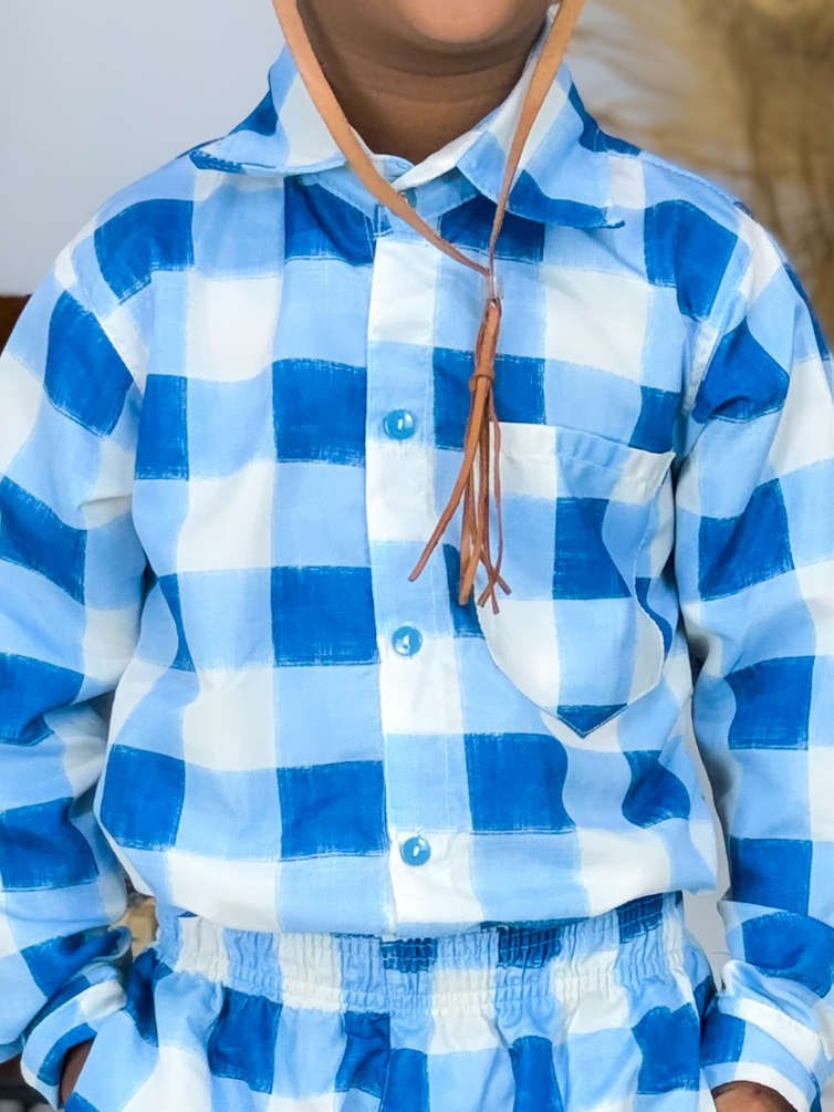 Blusa Manga Longa Xadrez Azul Jeans