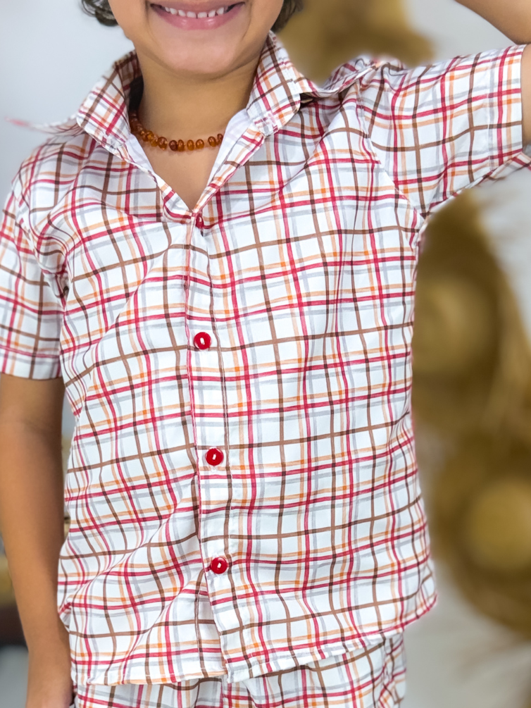 Blusa Manga Curta Xadrez Vermelho e Marrom