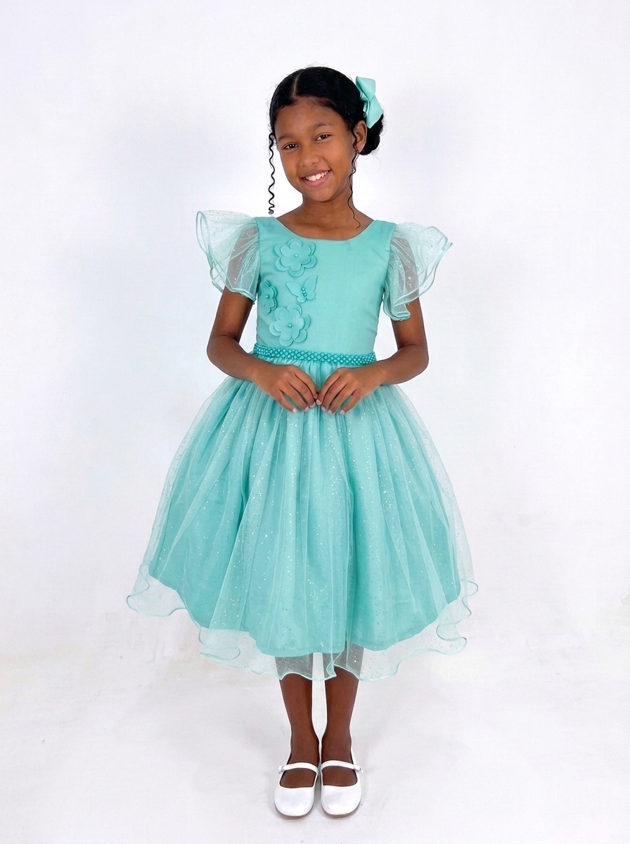 Vestido Glitter Bufante Verde Agua