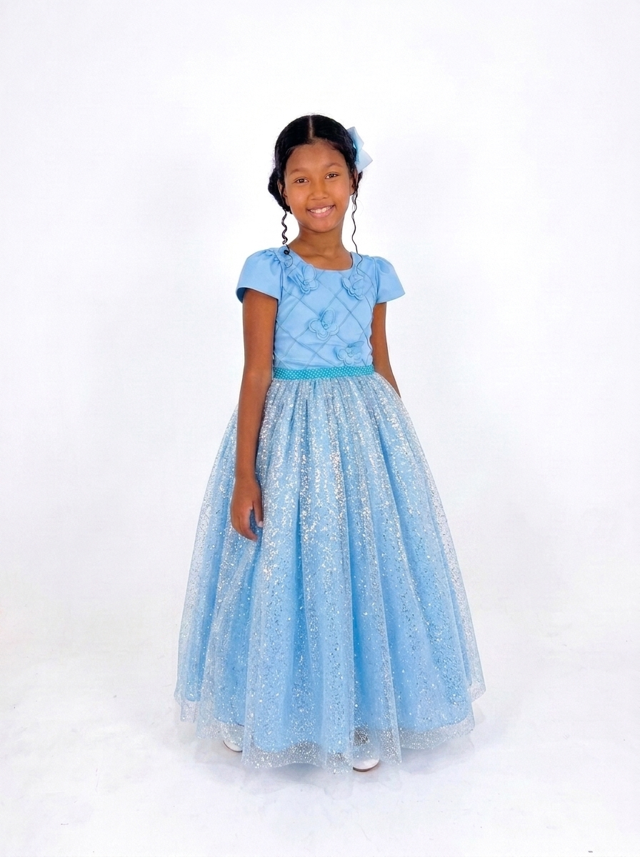 Vestido Longo Glitter Borboleta Azul