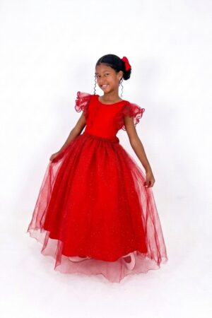 Vestido Longo Bufante Glitter Vermelho