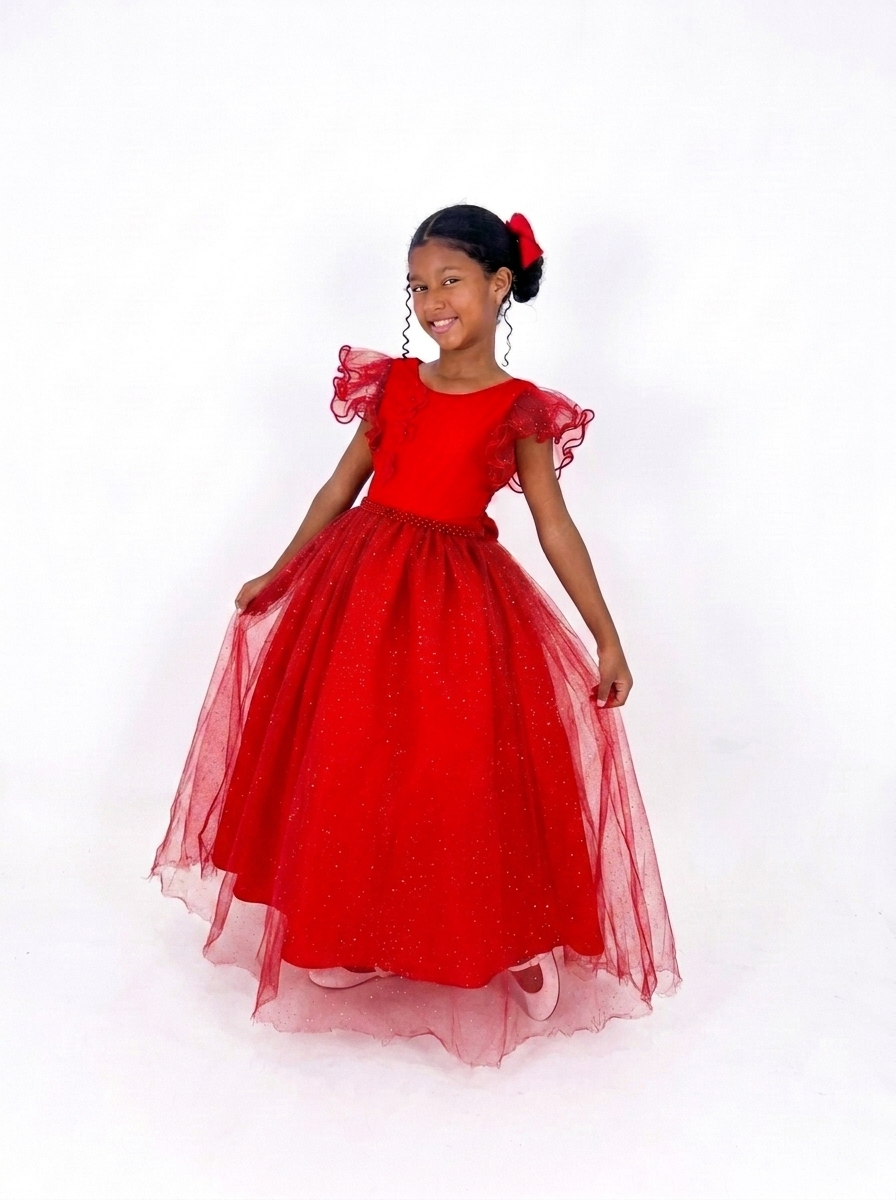 Vestido Longo Bufante Glitter Vermelho