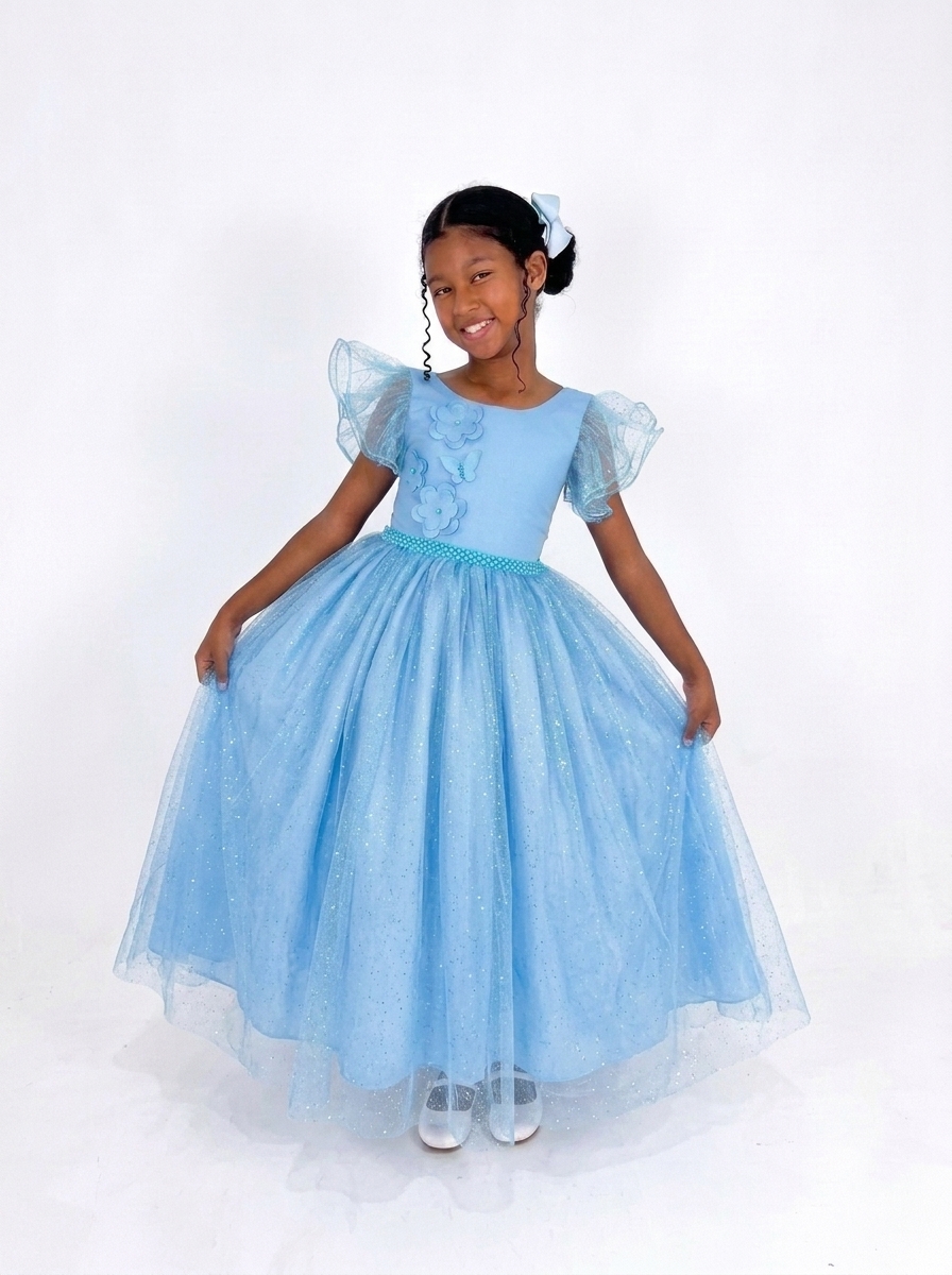 Vestido Longo Bufante Glitter Azul